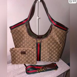 Gucci Brown and Green Patterned Tote Bag